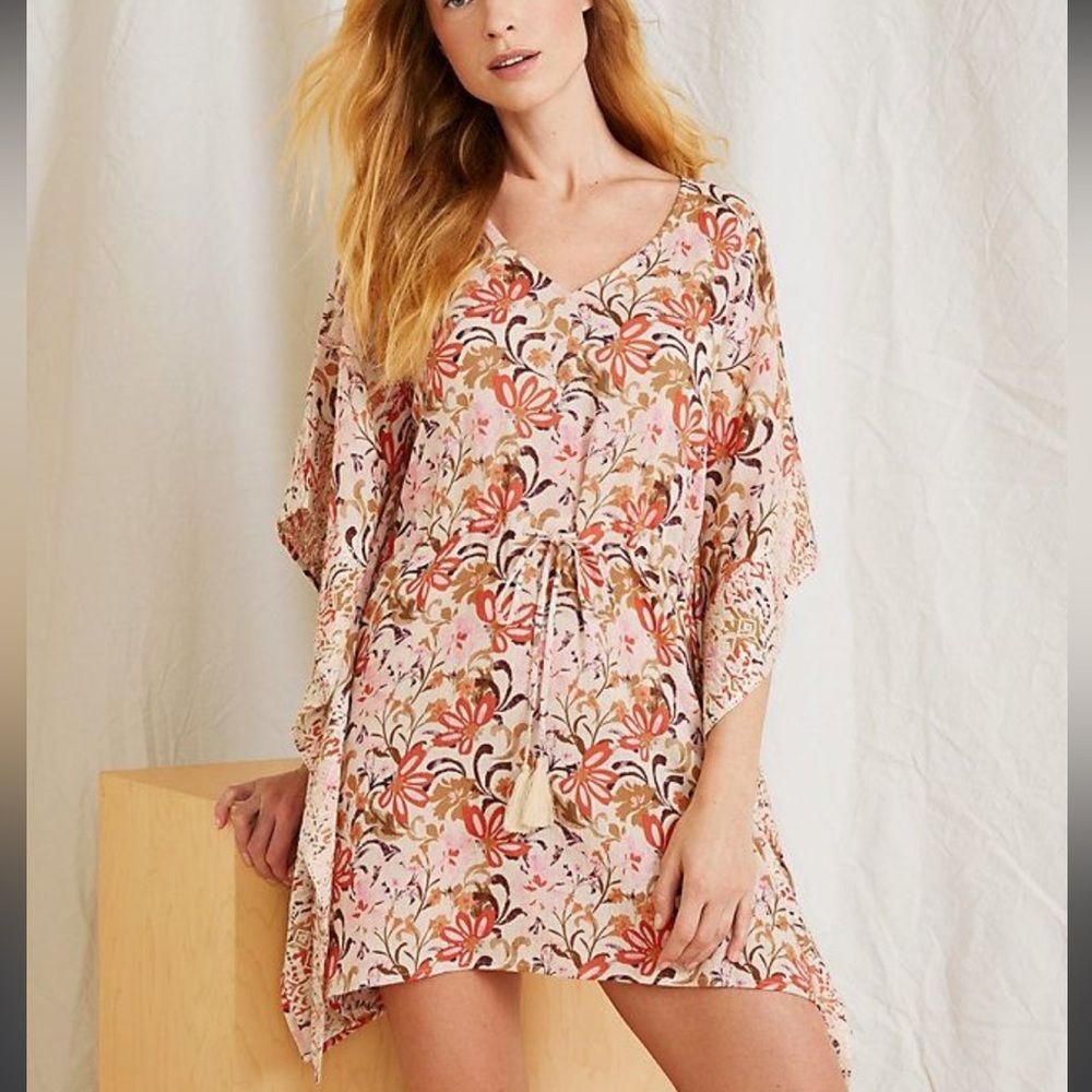 Garnet Hill Embroidered Kaftan Boho Beach Swim Cover Up Cotton Tunic Small